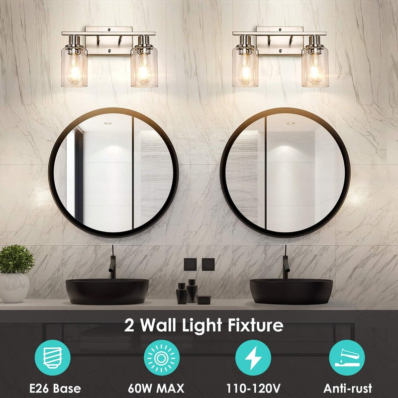 SHINETECH 2-Light Bathroom Light Fixtures, Modern Vanity Lights with Clear Glass Shade, Brushed Nickel Bathroom Vanity Light Over Mirror, Living Room - Image 3